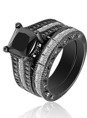 华杰     跨境热卖饰品 黑色镶嵌正方小白锆石女套戒 厂家直销