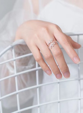 S925镀银戒指女韩版小清新镶钻树叶开口指环文艺橄榄枝戒子不掉色