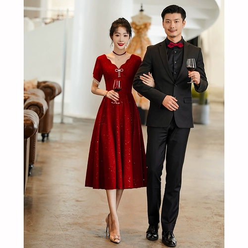 Бордовое вечернее платье, коллекция 2021, осеннее, подходит для подростков, V-образный вырез