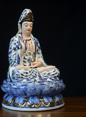 坐莲观世音佛像彩绘陶瓷摆件陶瓷