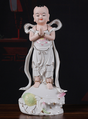 德化陶瓷金童玉女观音菩萨摆件