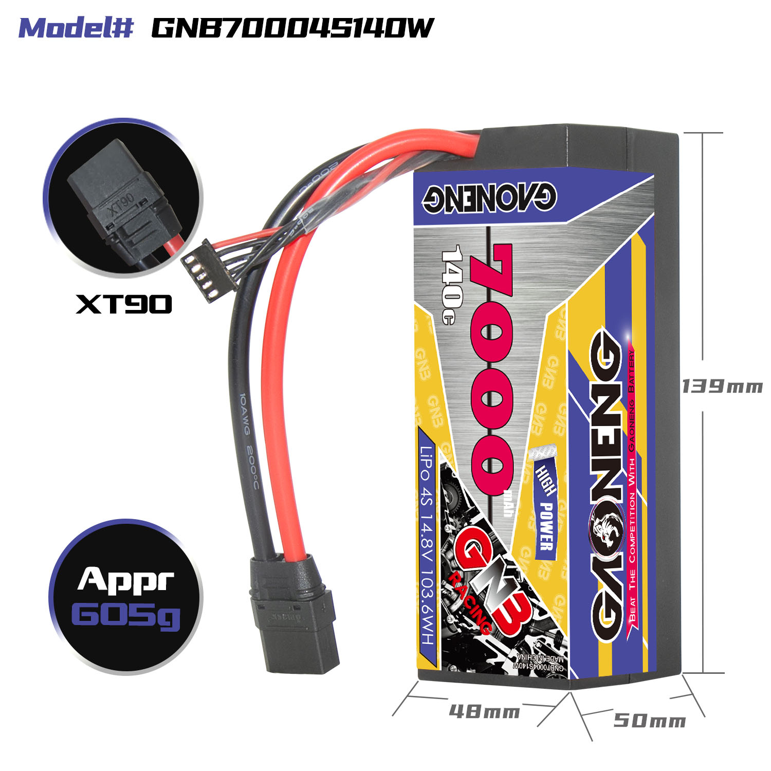 GNB高能7000mAh 4S 14.8V 140C遥控大脚车四驱电动锂电池RC模型车 - 图0