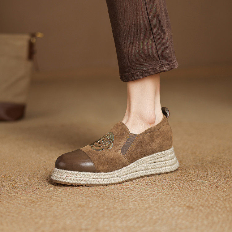 高跟坡跟厚底单鞋女一脚蹬乐福鞋百搭真皮山茶花松糕鞋羊皮懒人鞋,淘宝优惠券,粉丝福利购,淘宝优惠卷