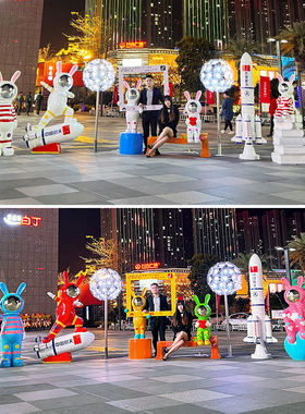 良泽玻璃钢户外卡通太空兔子雕塑