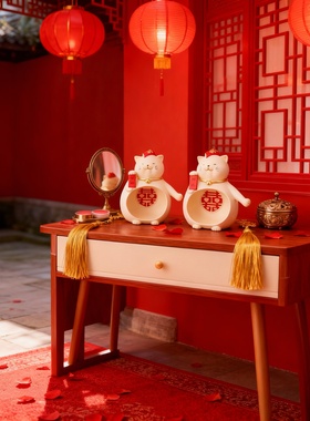 喜庆红色招财猫双猫摆件