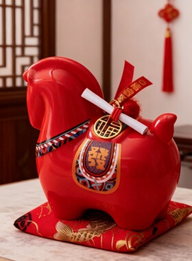 新年红陶瓷马摆件中式吉祥如意