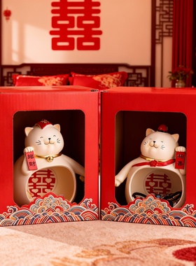 新年红色陶瓷招财猫摆件礼盒装