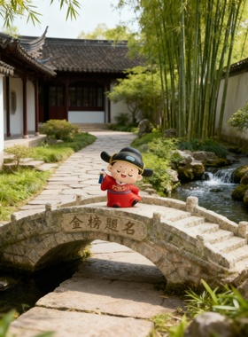 中式古风卡通石桥流水微景观摆件