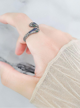 s925纯银蛇盘绕镶钻戒指女ins冷