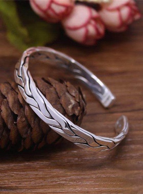 新款纯银手镯正品999时尚复古手工编织麻花开口实心男女情侣手环
