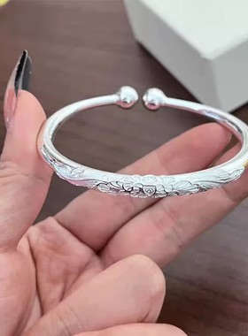 富贵牡丹开口实心推拉纯银999手镯女妈妈长辈礼物足印手环送老婆