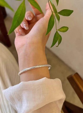 足银S999纯银细手镯开口银手环男女生情侣款纯手工 锤纹银手镯
