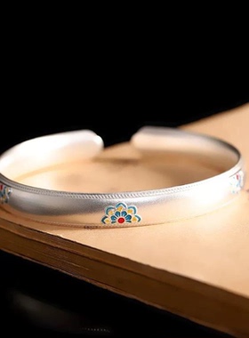烧蓝描金开口镯子送妈妈送闺蜜宝相花款纯银999手镯女款