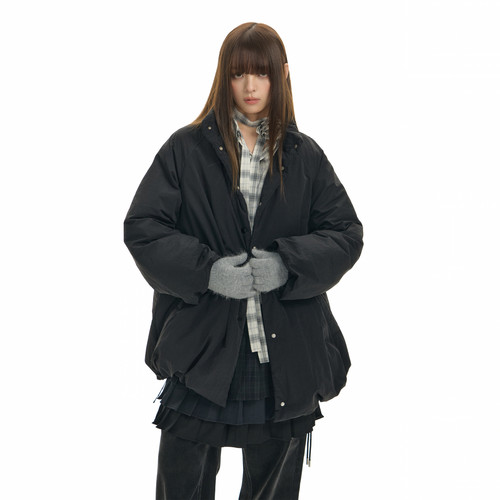 TGNS中长款抽绳花苞棉服女冬季慵懒风保暖棉衣设计感立领防风外套 - 图2