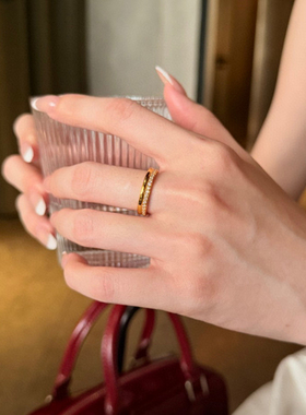 5D硬金黄金半圈排戒女999足金点钻镶嵌素圈指环纯金食指戒送女友