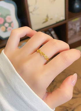 5G黄金爱心戒指女999足金气质新款心连心活口指环纯金食指戒送礼