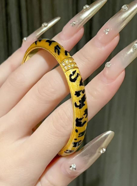 5D硬金黄金豹纹手镯女999足金点钻镶嵌大气金镯子纯金手环送老婆