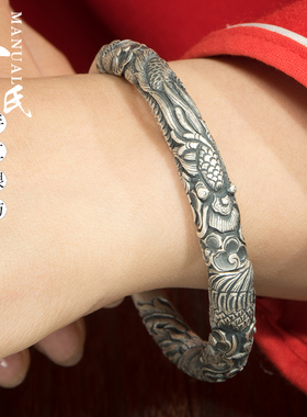 云南雪花闭口实心龙凤足银手镯
