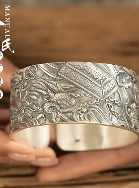 寸银坊复古做旧足银九龙拉棺手镯