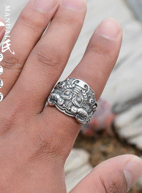 纯银戒指生肖猪潮男做旧个性手工