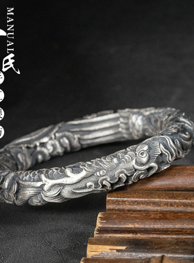 云南大理大师高工艺深雕复古做旧圆柱立体龙凤呈祥手镯.传承