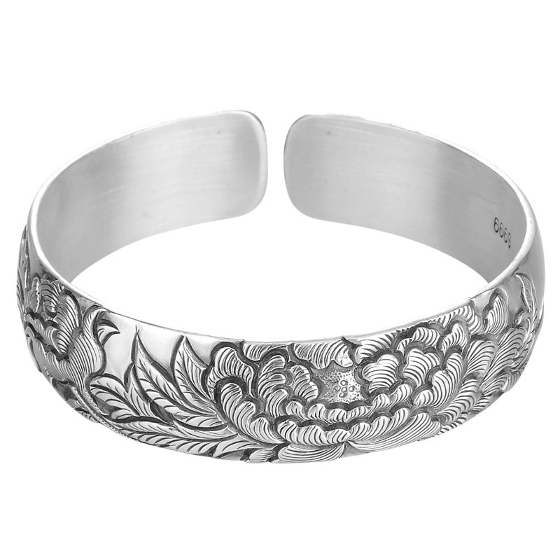 寸氏银坊 手工银手镯女999纯银宽版牡丹开口银