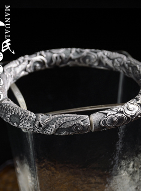 云南原创风双龙戏珠工艺纯银手镯