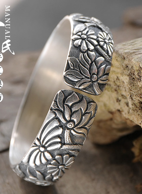 荷花莲花雪花银手镯子复古风银器