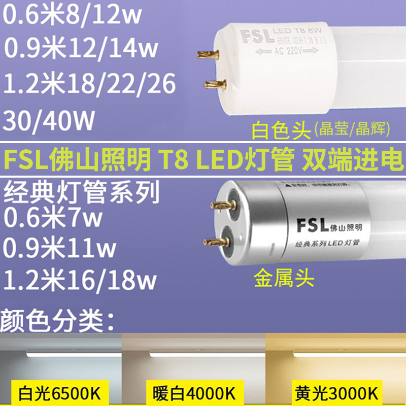 FSL佛山照明t8led灯管长条家用一体化支架超亮节能1米2日光管全套