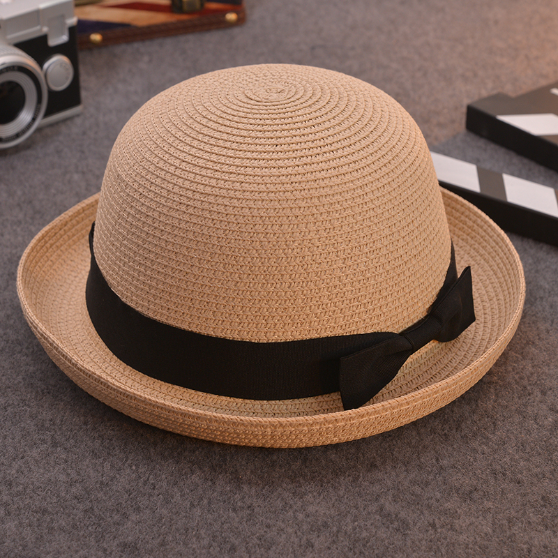亲子款小圆帽子女士夏天韩版圆顶草帽可爱卷边小礼帽沙滩遮阳帽潮