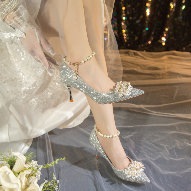 法式水晶婚鞋2025秀禾主婚纱两穿新娘鞋日常配裙子气质高跟伴娘鞋 - 图2