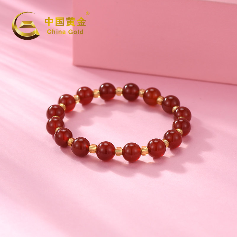 中国黄金红玛瑙玻璃手串女款轻奢小众手链红色玉石女友礼物约10g