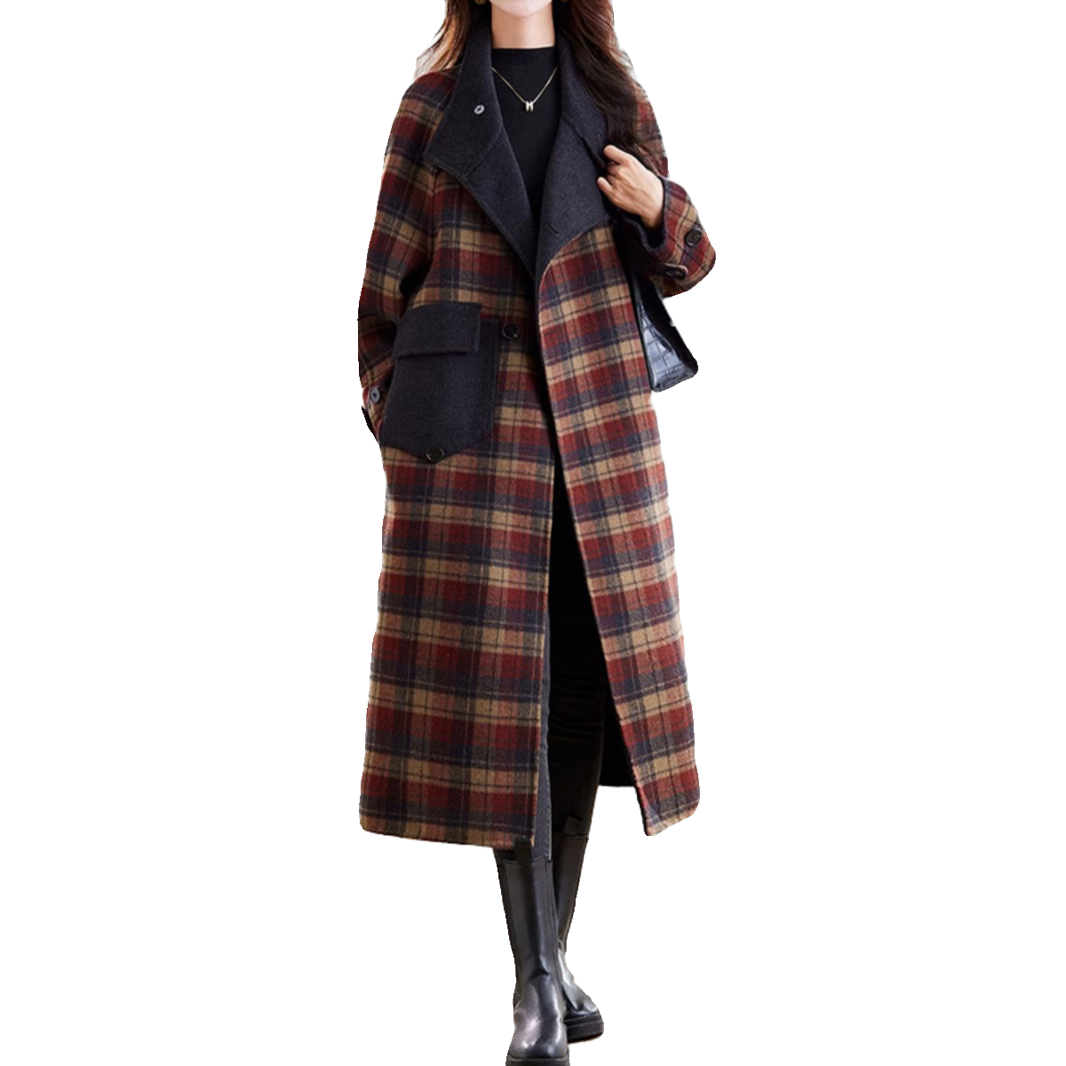 Pasinoe香港新品双面羊绒大衣女秋冬拼色立领过膝格子羊毛呢外套