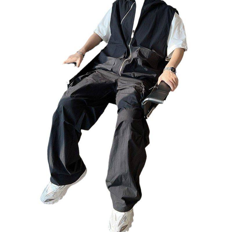 2023拉链连帽马甲工装裤套装男ins小众设计感宽松休闲无袖T恤长裤,淘宝优惠券,粉丝福利购,淘宝优惠卷