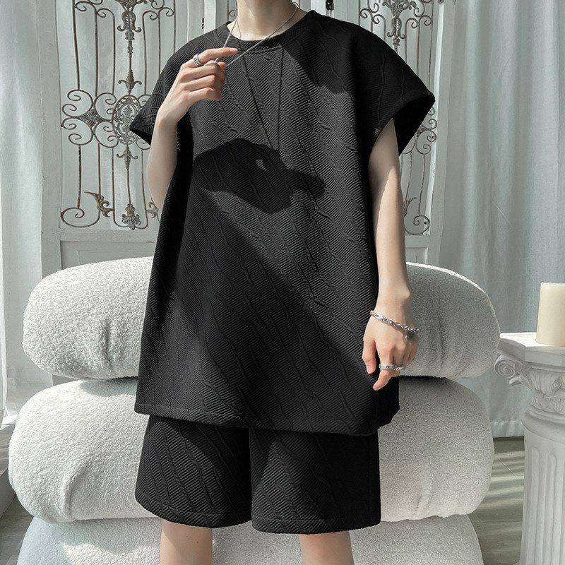 无袖男T恤套装坎肩宽肩背心五分短裤 纯色简约休闲运动两件套大码,淘宝优惠券,粉丝福利购,淘宝优惠卷