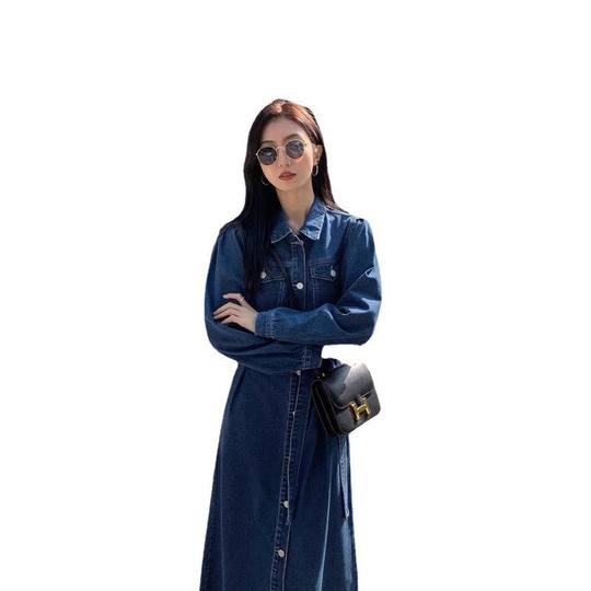 Robe en denim à manches bouffantes pour femmes, automne et hiver, nouveau style coréen, manches longues, taille mi-longue, robe chemise fendue, 2022