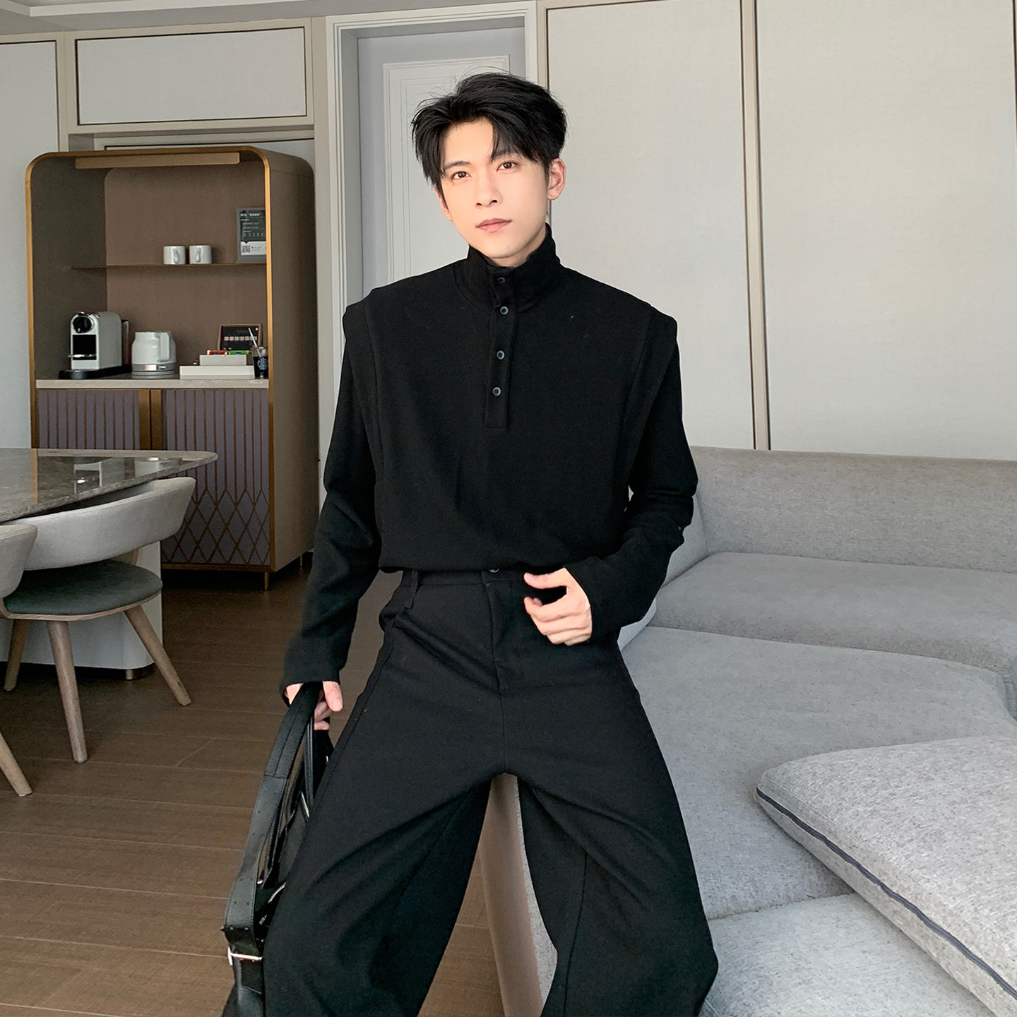 Hualun冬季撞色翻领假两件T恤男士简约时尚宽松高领德绒打底衫男,淘宝优惠券,粉丝福利购,淘宝优惠卷