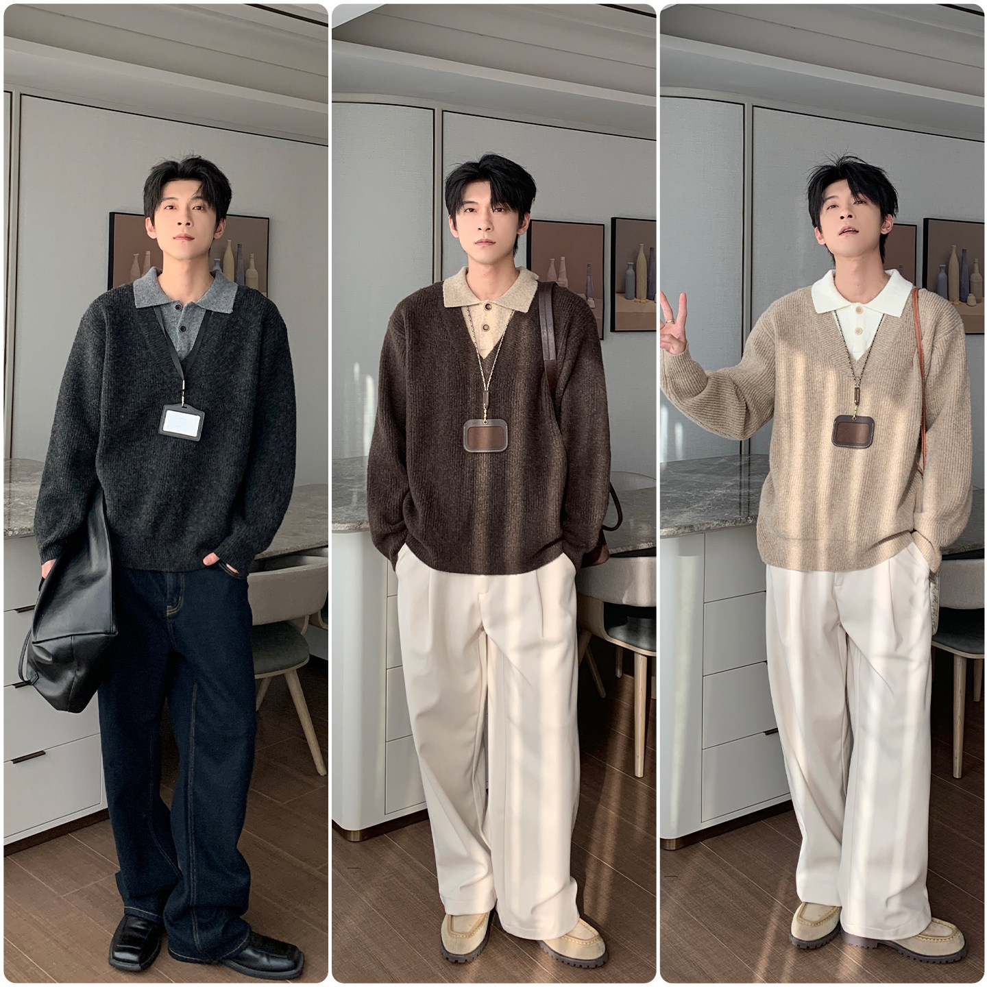 Hualun秋冬季假两件针织衫男韩版高级感痞帅毛衣时尚宽松百搭上衣,淘宝优惠券,粉丝福利购,淘宝优惠卷