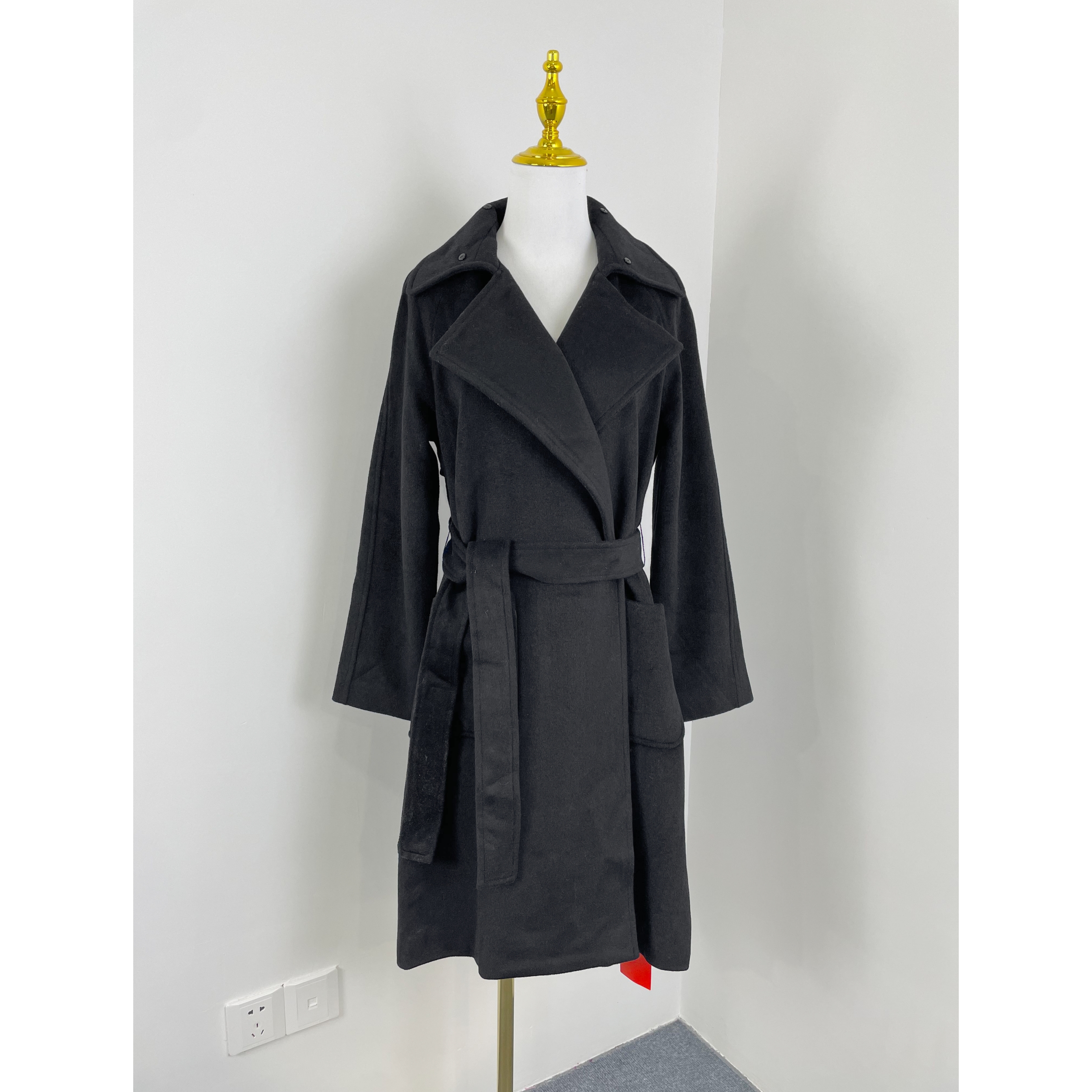 E2256秋冬新款女西装领羊毛呢外套带腰带宽松气质中长款呢子大衣 - 图3