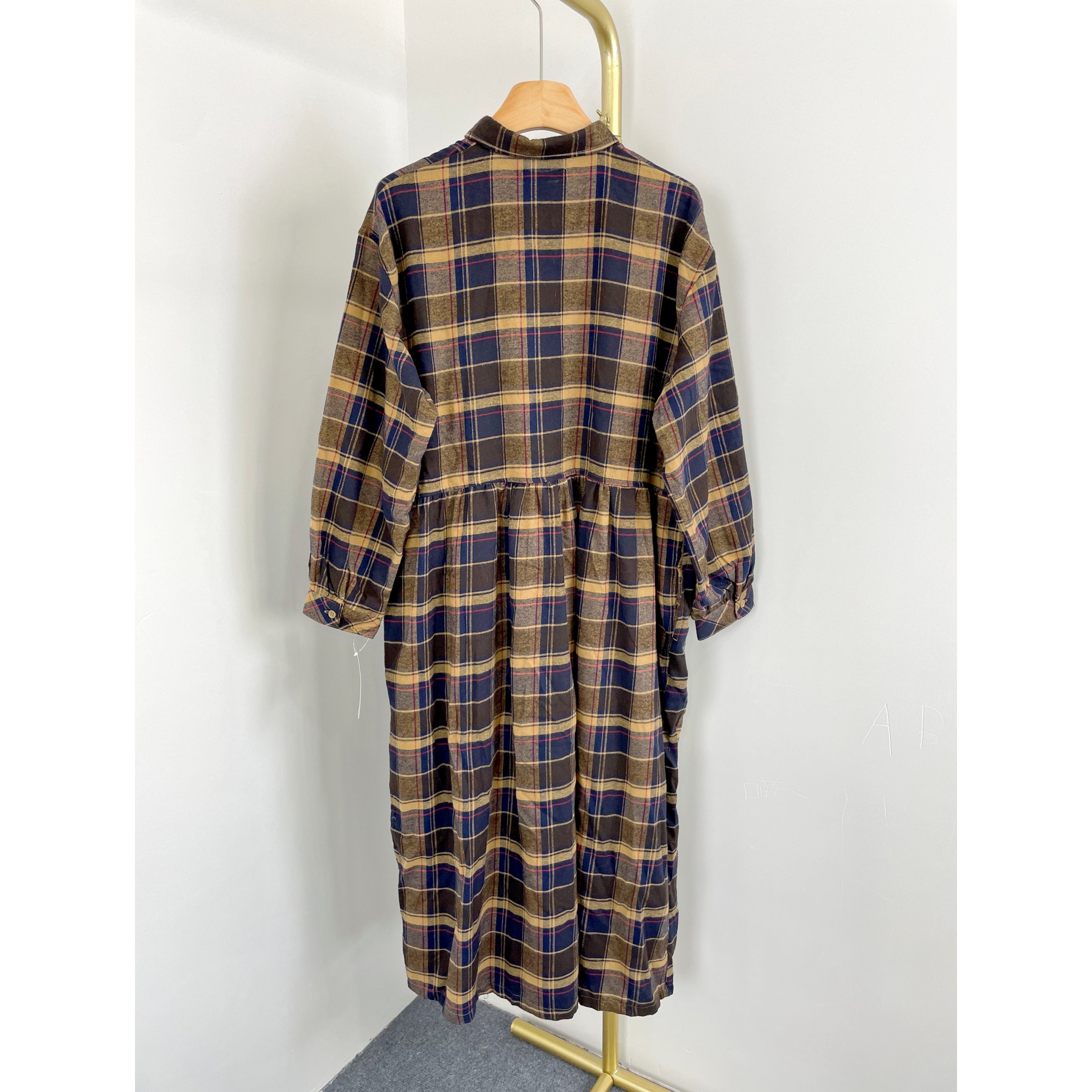 E6087日单新款女装宽松洋气长袖格子连衣裙翻领单排扣文艺长裙,淘宝优惠券,粉丝福利购,淘宝优惠卷