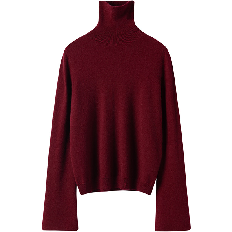 爆爱巨美~酒红色双层大廓袖高领羊绒衫女纯羊绒毛衣套头2024秋冬,淘宝优惠券,粉丝福利购,淘宝优惠卷