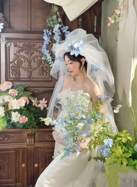 新娘法式复古抓纱成品帽子头纱旅拍样片头饰森系结婚影楼拍照配饰