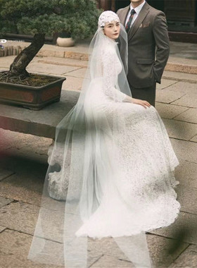 新款法式复古蕾丝帽子头纱新娘主婚纱森系结婚拍照个性样片道具