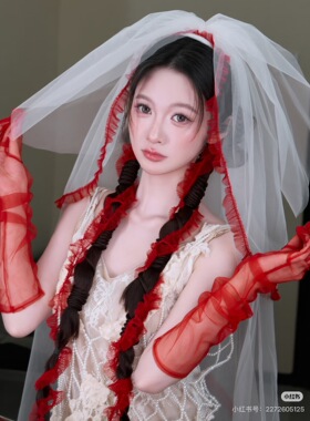 新款红色小荷叶边头纱复古主婚纱新娘旅拍头饰复古结婚拍照写真