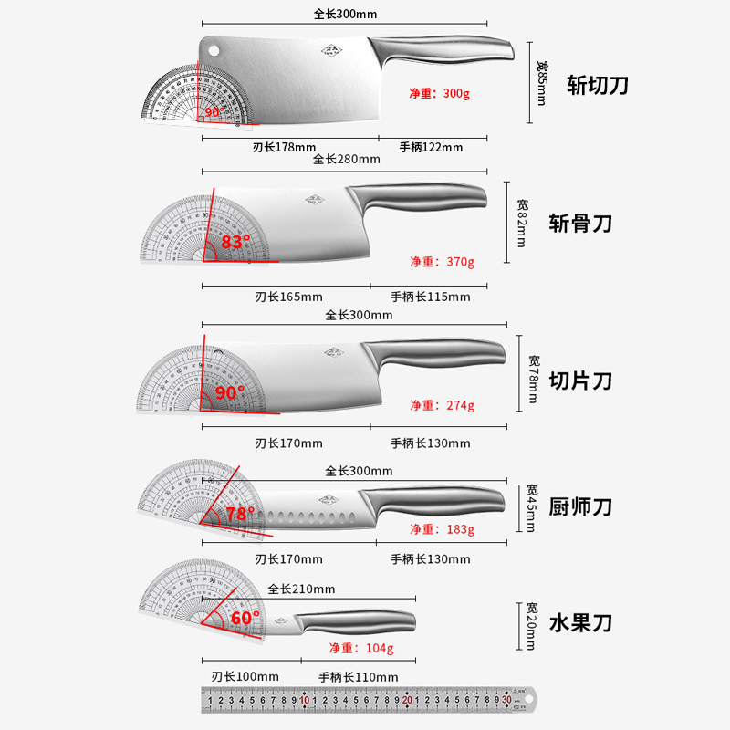 方太刀具菜刀家用德国不锈钢厨房套装切片刀切菜刀切肉砍骨刀组合