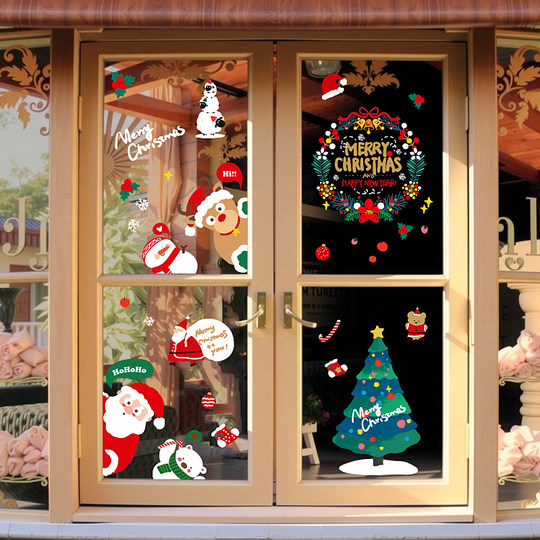 圣诞节装饰玻璃贴纸花环老人圣诞树静电贴窗花店铺门窗贴橱窗场景