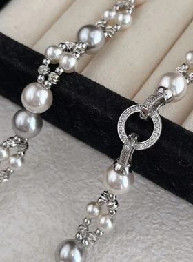 新款法式复古不规则双层编织珍珠项链高品质施家正圆锁骨链