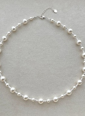 S925碎银子贝珠大小珍珠项链女白色满天星碎银轻奢百搭颈链