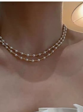 施家真多麻灰色长款澳白珍珠毛衣链女感双层多层叠戴