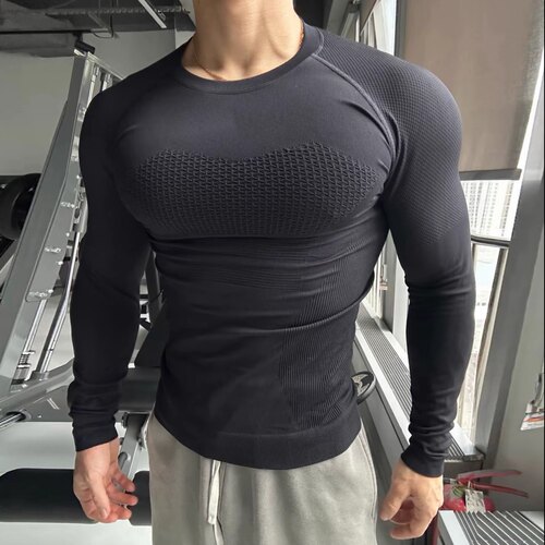 Light Weight专业无缝显大膨胀健身服男透气速干吸湿紧身长袖T恤 - 图1
